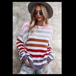 Multi colored striped crew neck sweater.